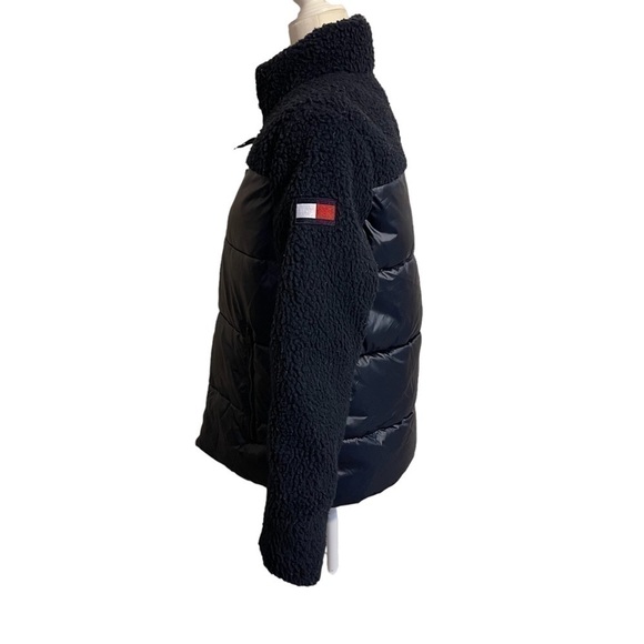 Women’s TOMMY HILFIGER Mixed Media Navy Blue Sherpa Puffer Jacket Coat - Picture 5 of 10